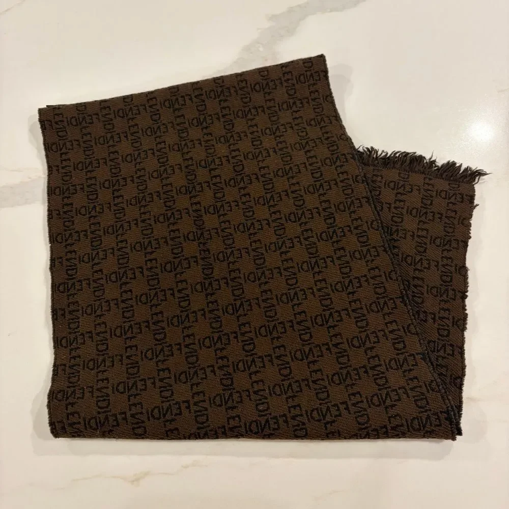 Fendi Zucca Monogram Vintage Wool Scarf -  Reversible Dark Brown and Black